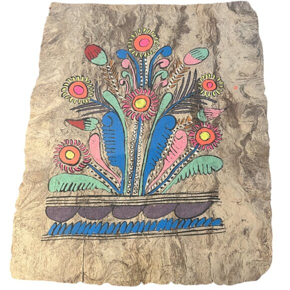 Vintage Mexican Amate Bark Painting – Floral Hand-Painted FOLK ART w/ Burlap Mat - Picture 3 of 16